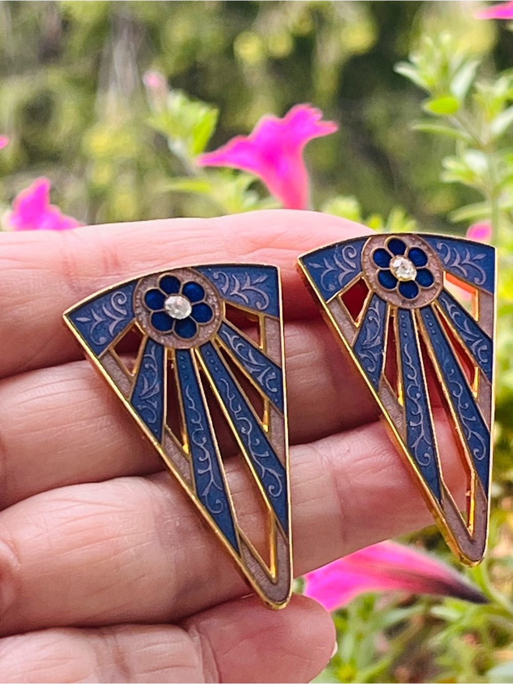 Vintage Signed FISH Blue Enamel Art Deco Fan Statement Earrings